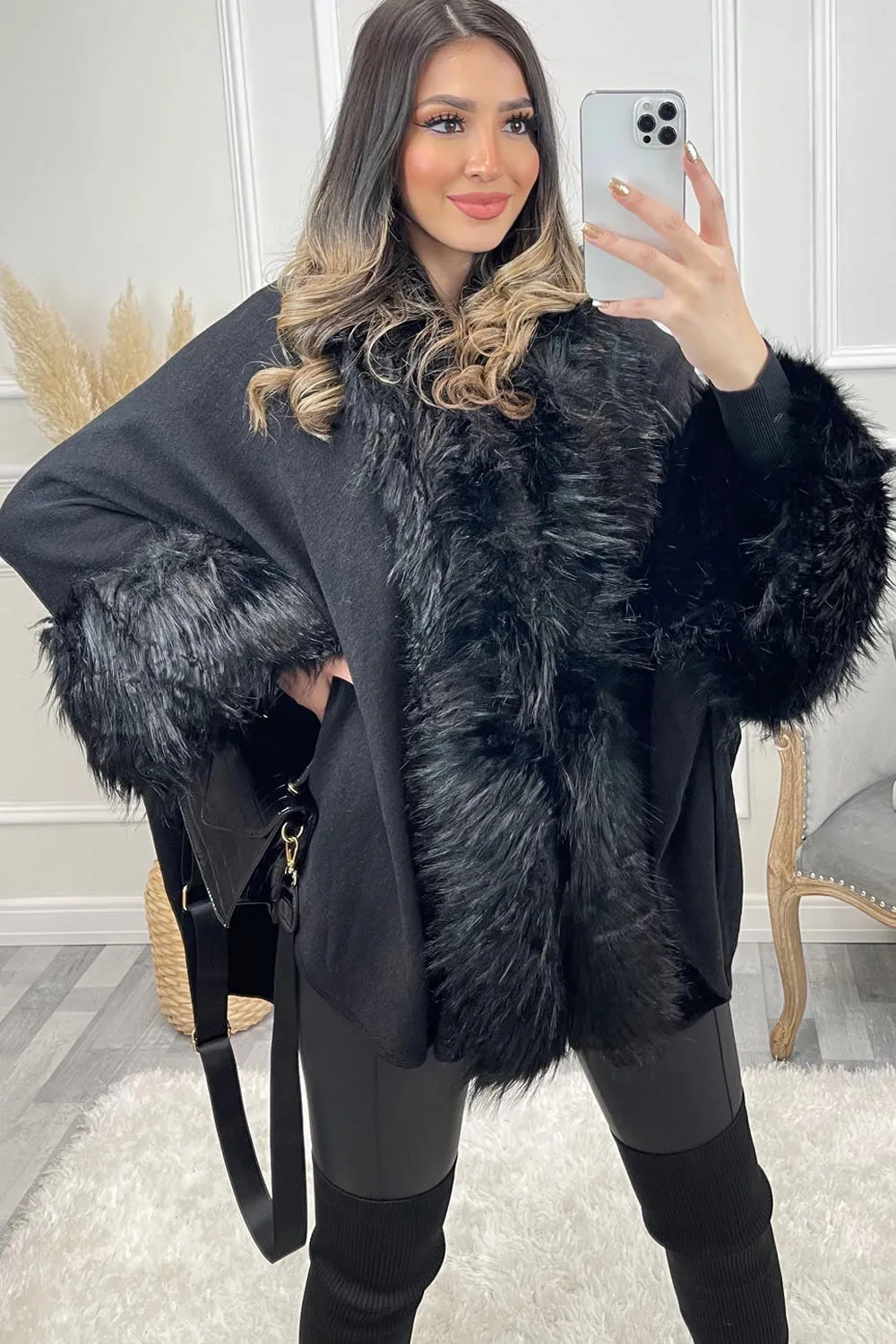 Black Faux Fur Trim Knitted Cape