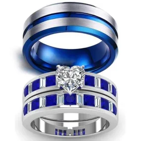 Blue/Silver and Heart Blue/White Cubic Zirconia Stainless Steel Wedding Bands