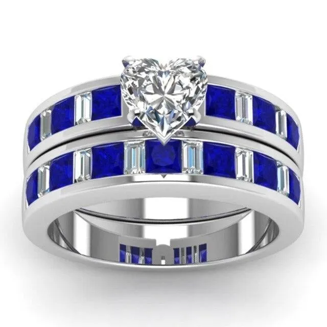 Blue/Silver and Heart Blue/White Cubic Zirconia Stainless Steel Wedding Bands