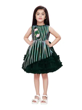 Bottle Green Coloured Stripe Style Pattern Frock For Girls