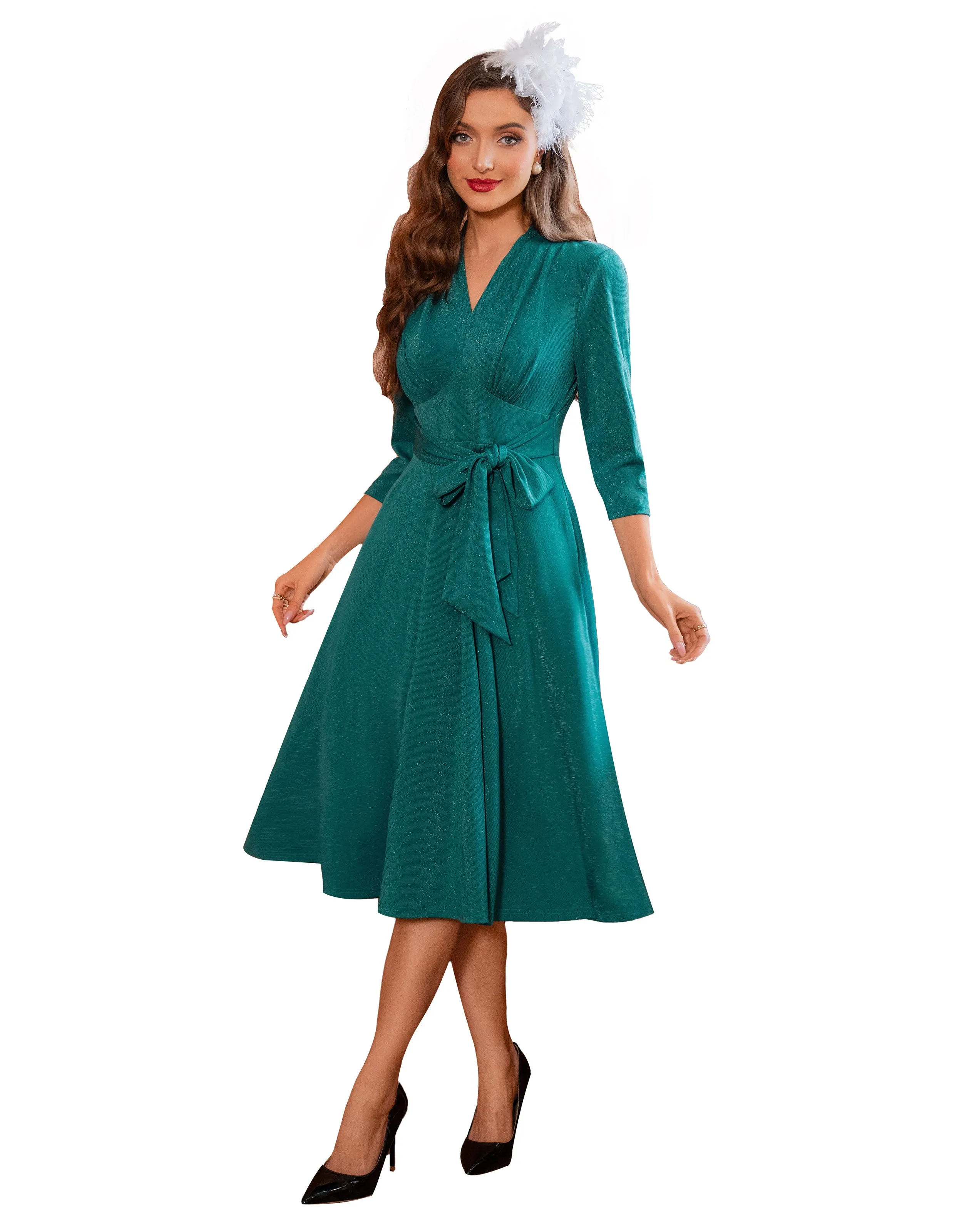 BP Women Vintage Empire Waist Dress 3/4 Sleeve V-Neck Flared A-Line Dress