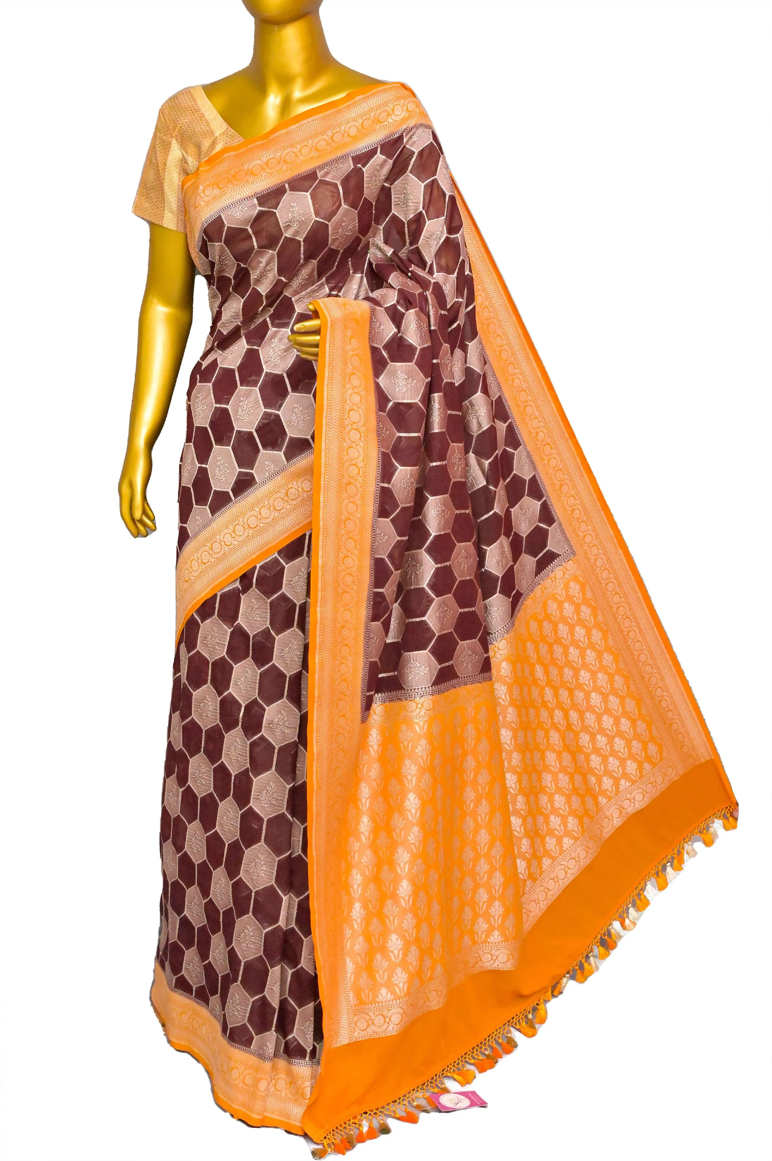 Brown Color Georgette Banarasi with Silver Zari Work