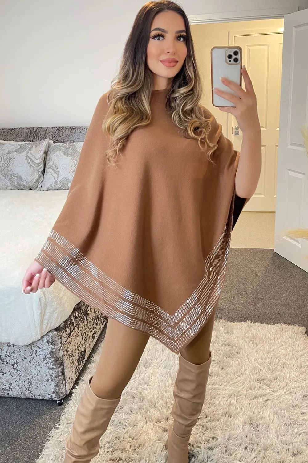 Camel Diamante Trim Cape