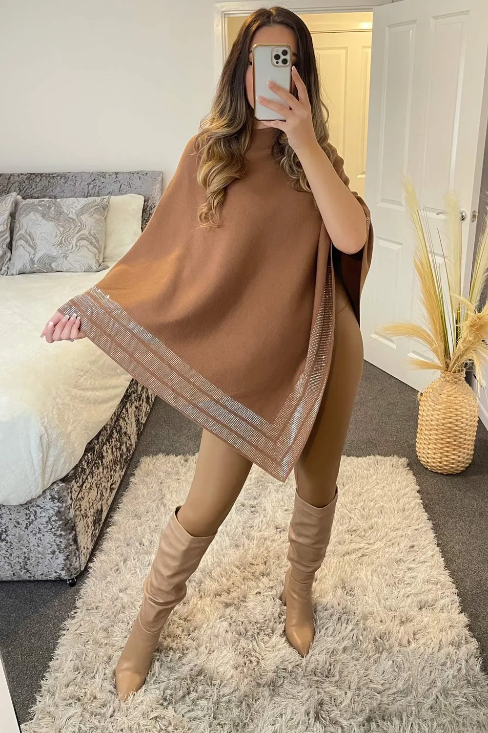 Camel Diamante Trim Cape