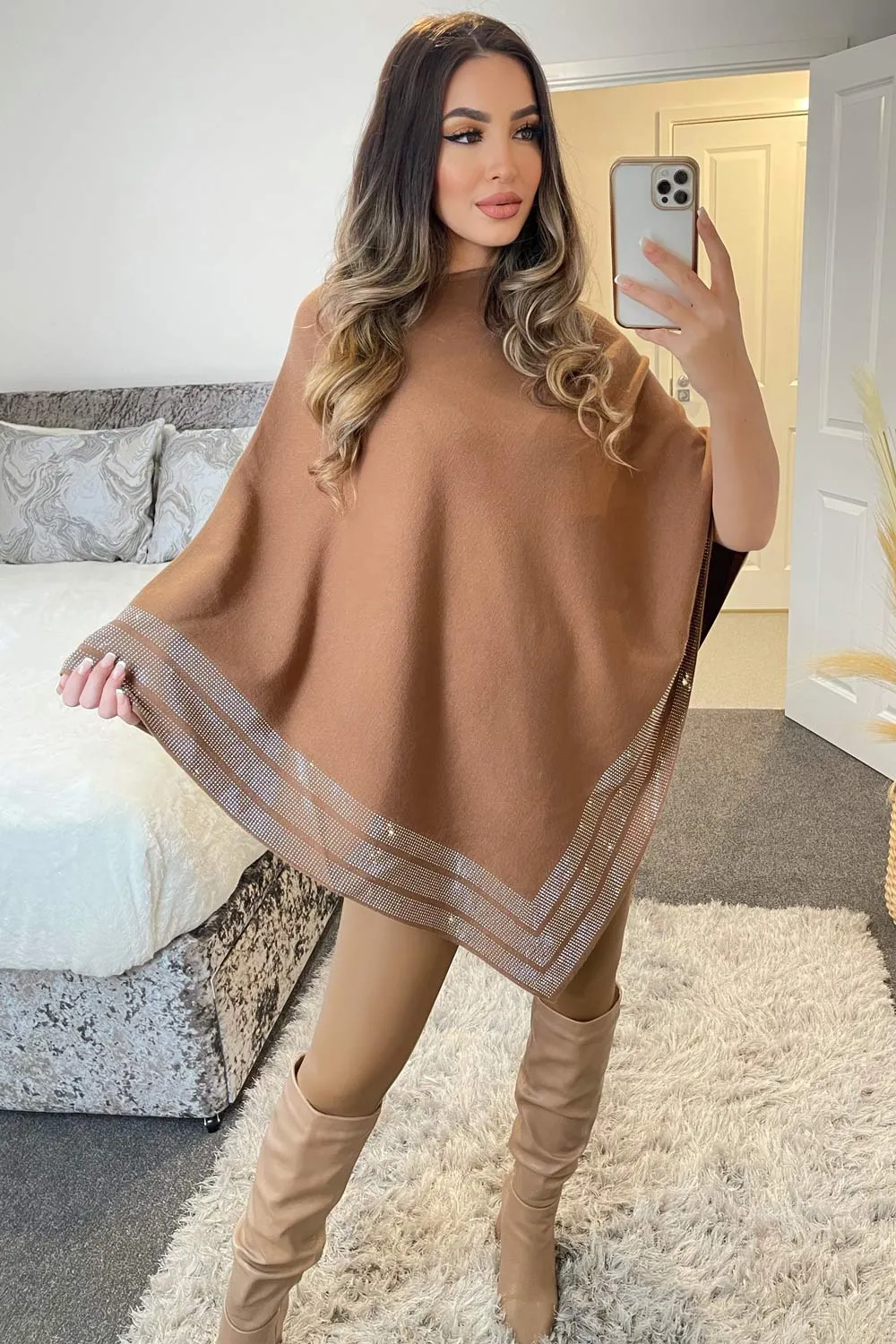 Camel Diamante Trim Cape