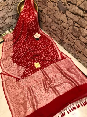 Carmine Red Color Pure Khaddi Georgette Banarasi Saree with Silver Zari Work