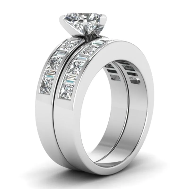 Cubic Zirconia and Heart Crystal & Rhinestone Stainless Steel Wedding Ring Set