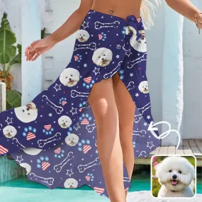 Custom Pet Face Cute Paws Navy Blue Long Cover Up Skirt With Slit Swimsuit Beach Wrap For Women For Friends For Lover