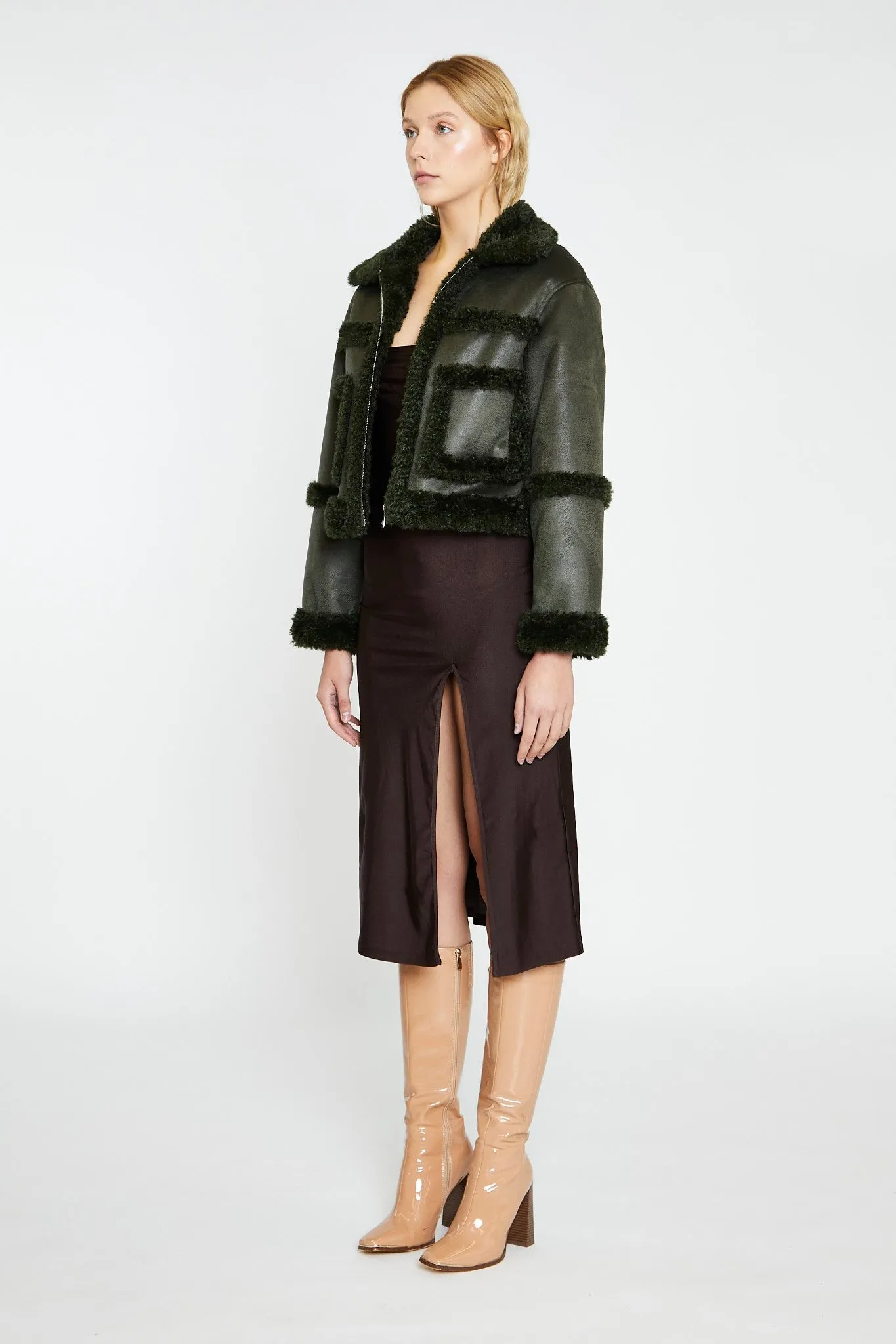 Dark-Green Cropped Shearling Trim -Jacket