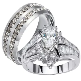 Double Row Cubic Zirconia and Geometric Cubic Zirconia Stainless Steel Wedding Ring Set