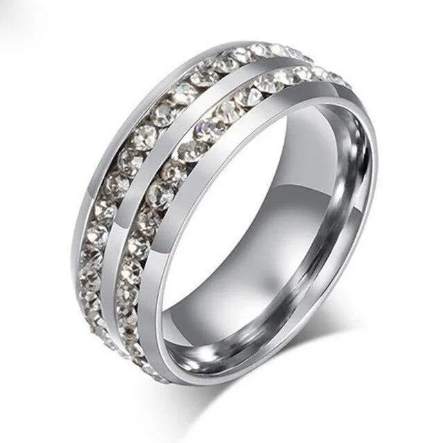 Double Row Cubic Zirconia and Geometric Cubic Zirconia Stainless Steel Wedding Ring Set