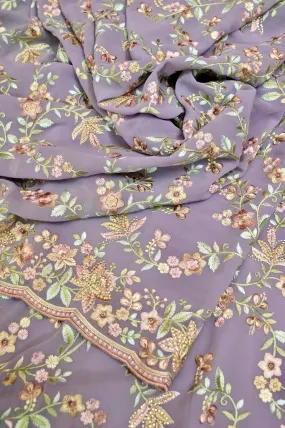 Dusty Lavender Color Georgette Saree with Floral Embroidery