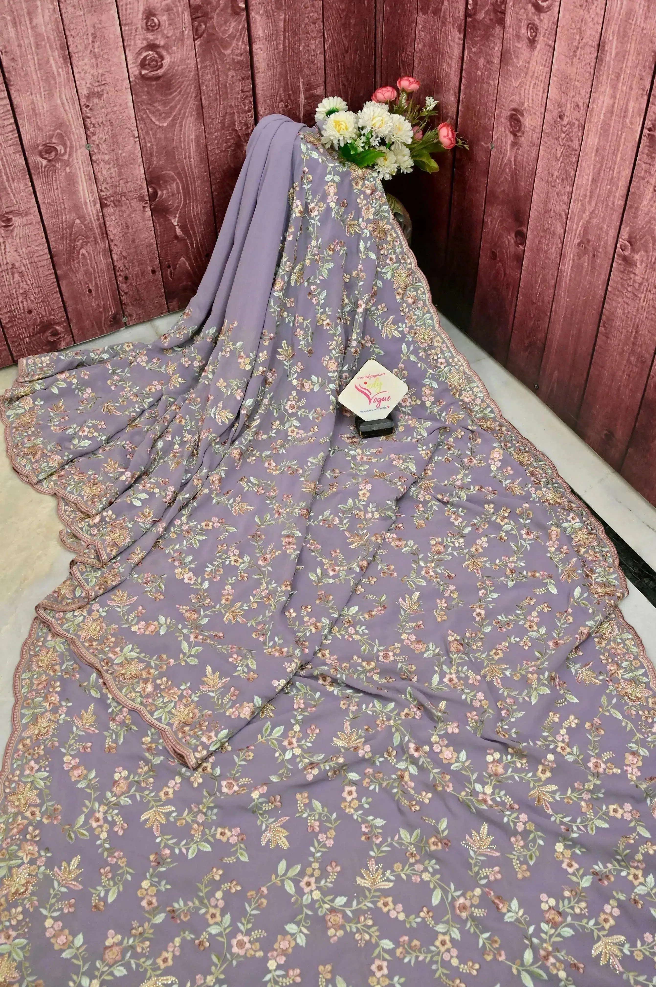 Dusty Lavender Color Georgette Saree with Floral Embroidery