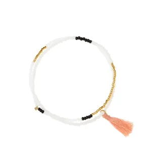 Elastic Beaded Wrap Bracelet with Tassel in White, Black, Gold