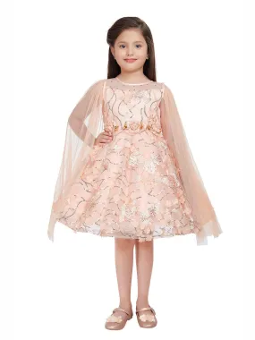 Fawn Coloured Imported Net Double Sided Sleeve Pattern Party Wear Frock For Girls