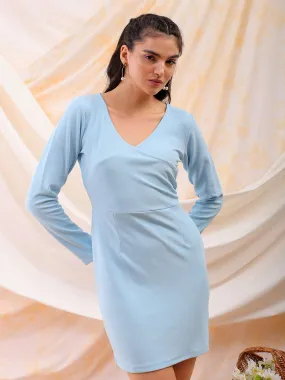 Freehand Women Blue Fitted Textured V-Neck Wrap Dress