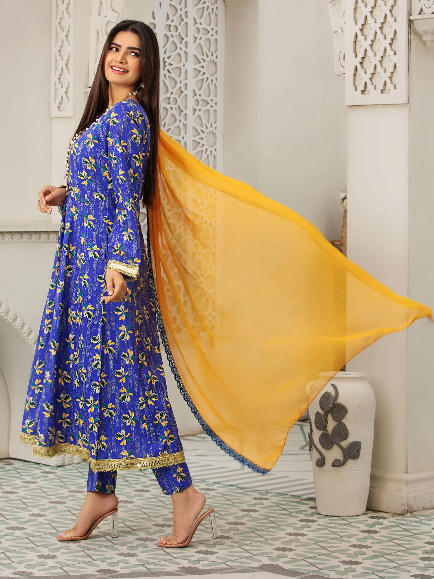 Heera's Blue Cambric 3-Piece Frock Suit