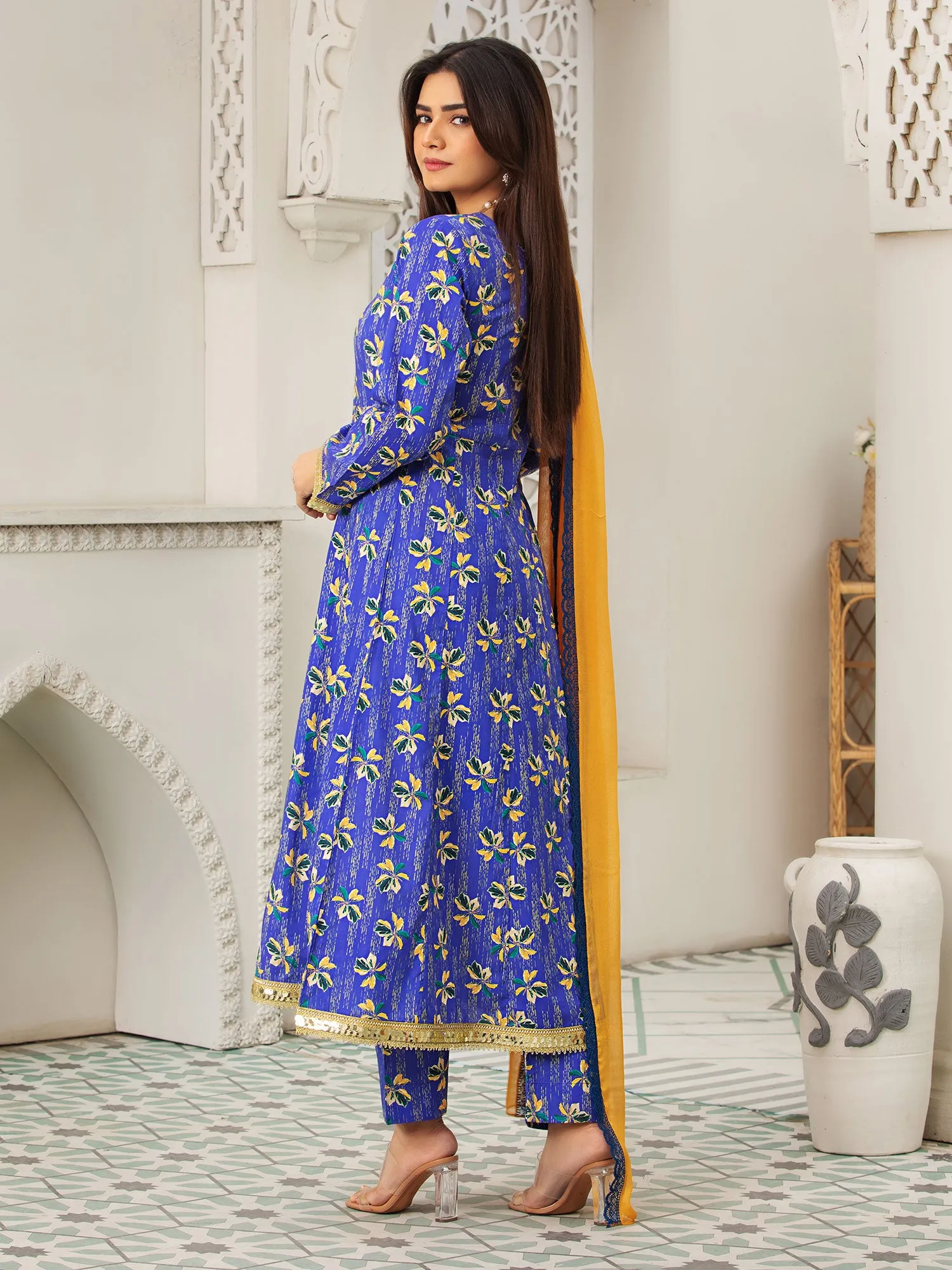 Heera's Blue Cambric 3-Piece Frock Suit