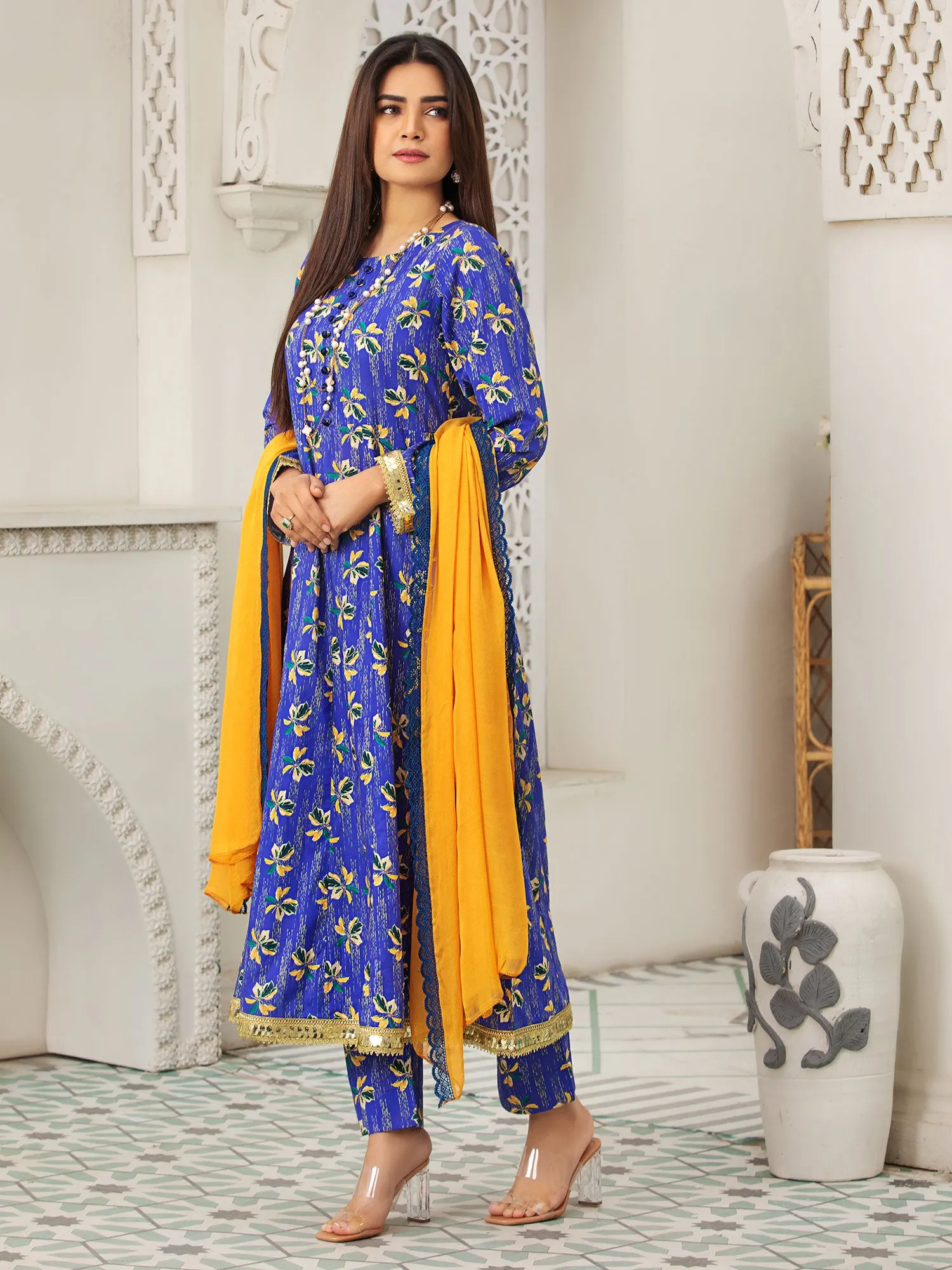 Heera's Blue Cambric 3-Piece Frock Suit