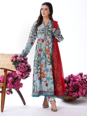 Heera's Blue-Grey Long Floral Cambric Frock Suit