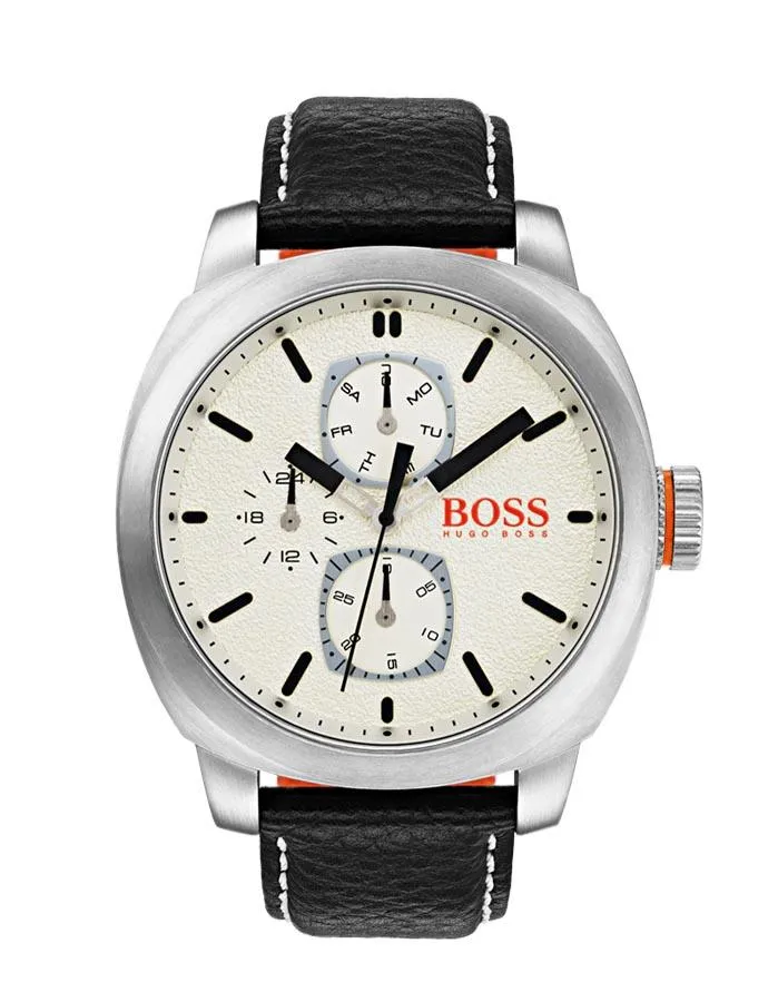 Hugh Boss Mens Cape Town Watch - Stainless Steel - Black Leather -24-Hour