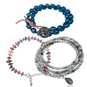 Jewelry inspired by the Sea: Mermaid Soul - Wrap Bracelet Combo with Labradorite, Pearl and Tourmaline