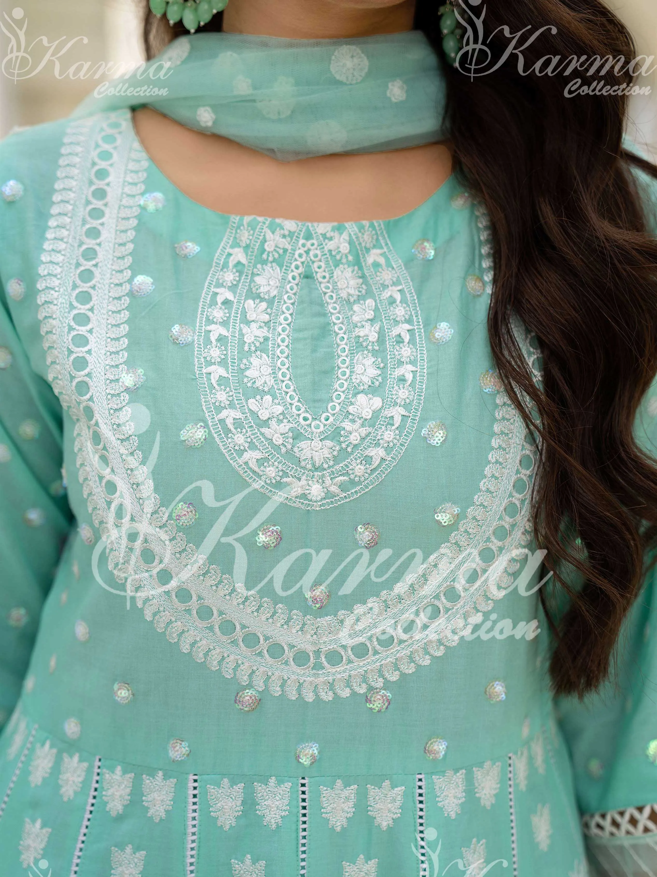 Karma Collection Aqua Embroidered Long Frock 3-Piece Suit (1303)