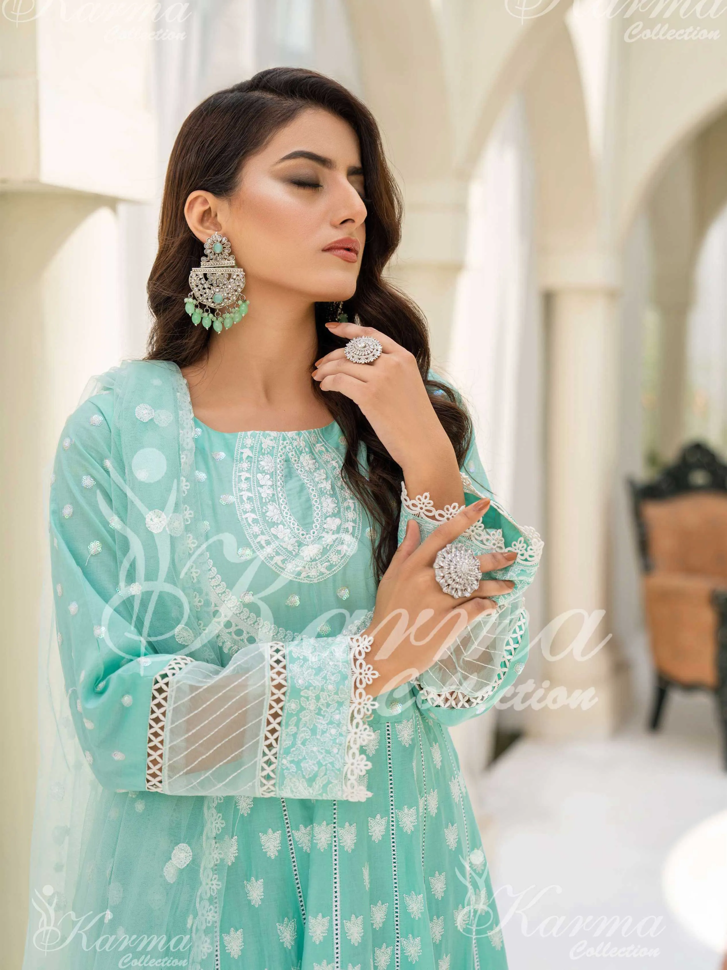 Karma Collection Aqua Embroidered Long Frock 3-Piece Suit (1303)