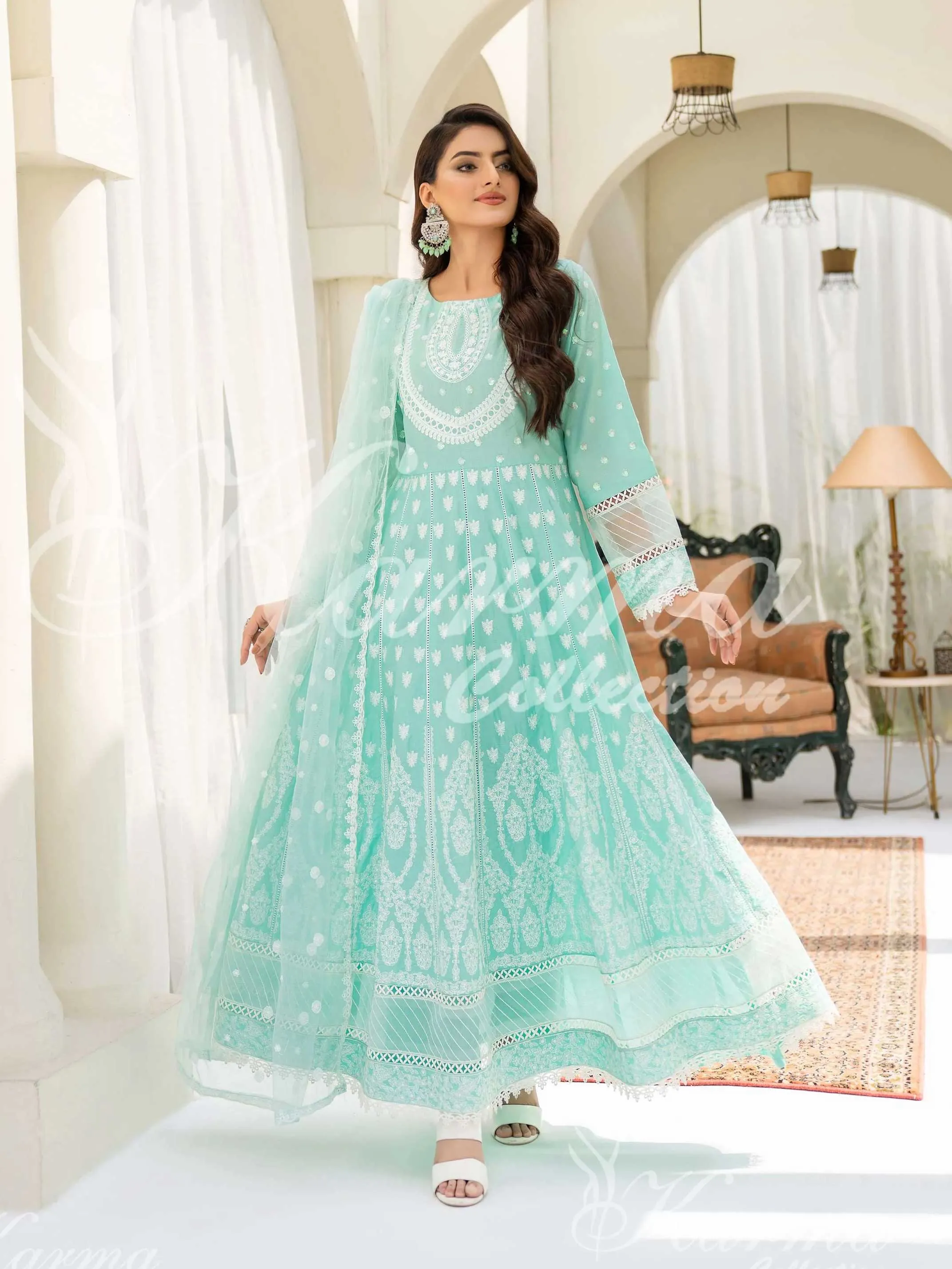 Karma Collection Aqua Embroidered Long Frock 3-Piece Suit (1303)