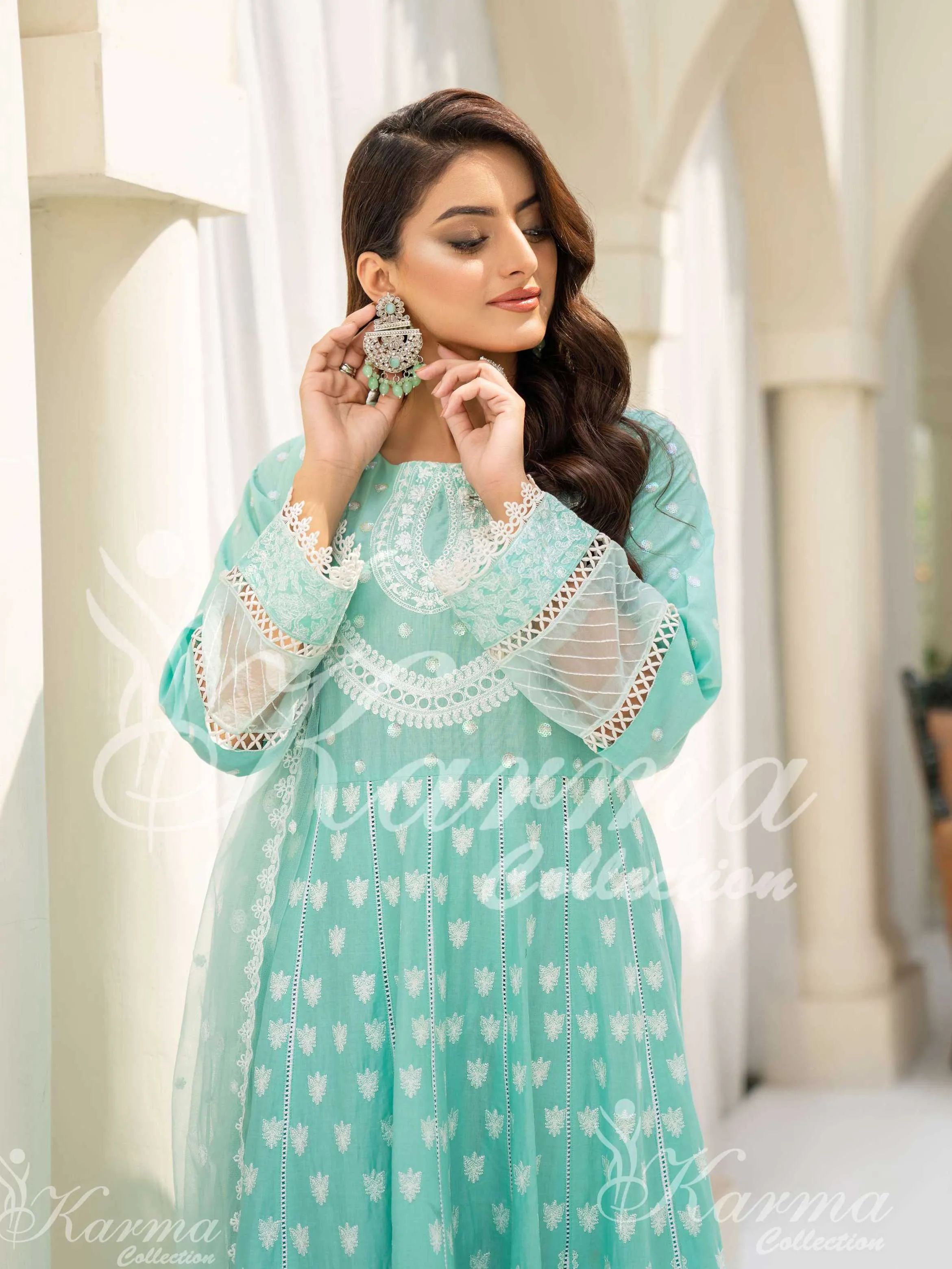 Karma Collection Aqua Embroidered Long Frock 3-Piece Suit (1303)