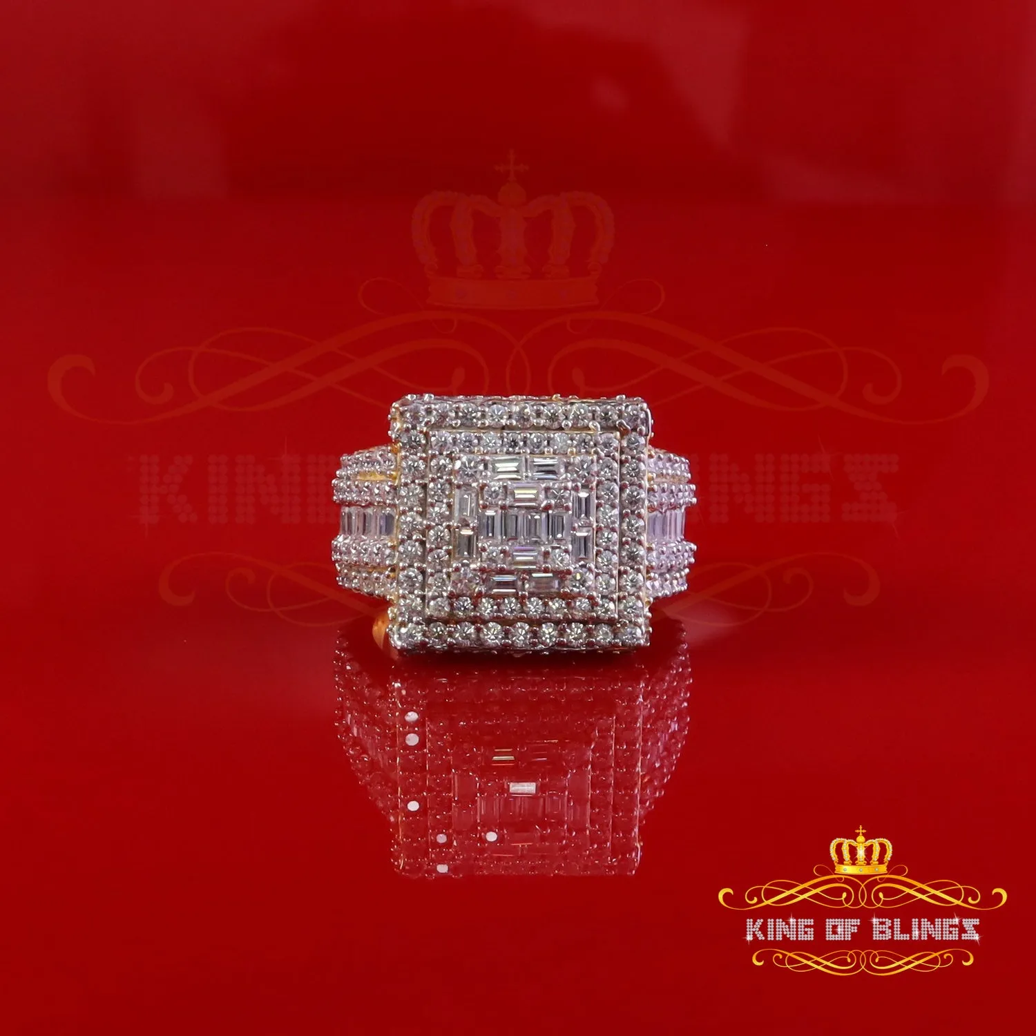 King of Bling's Men's 925 Silver Yellow 5.00ct VVS 'D' Moissanite Stone Square Rings Size 10