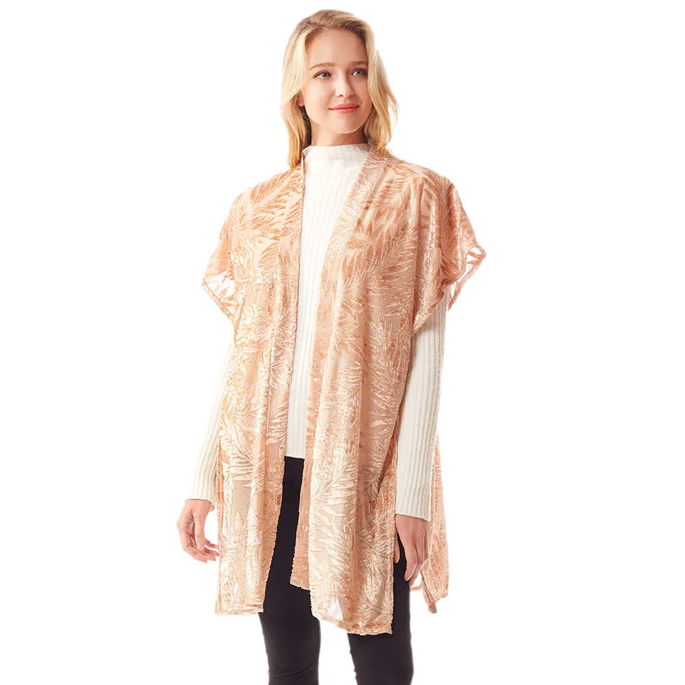 Leaf Pattern Velvet Burnout Shawl Poncho Velvet Burnout Wrap