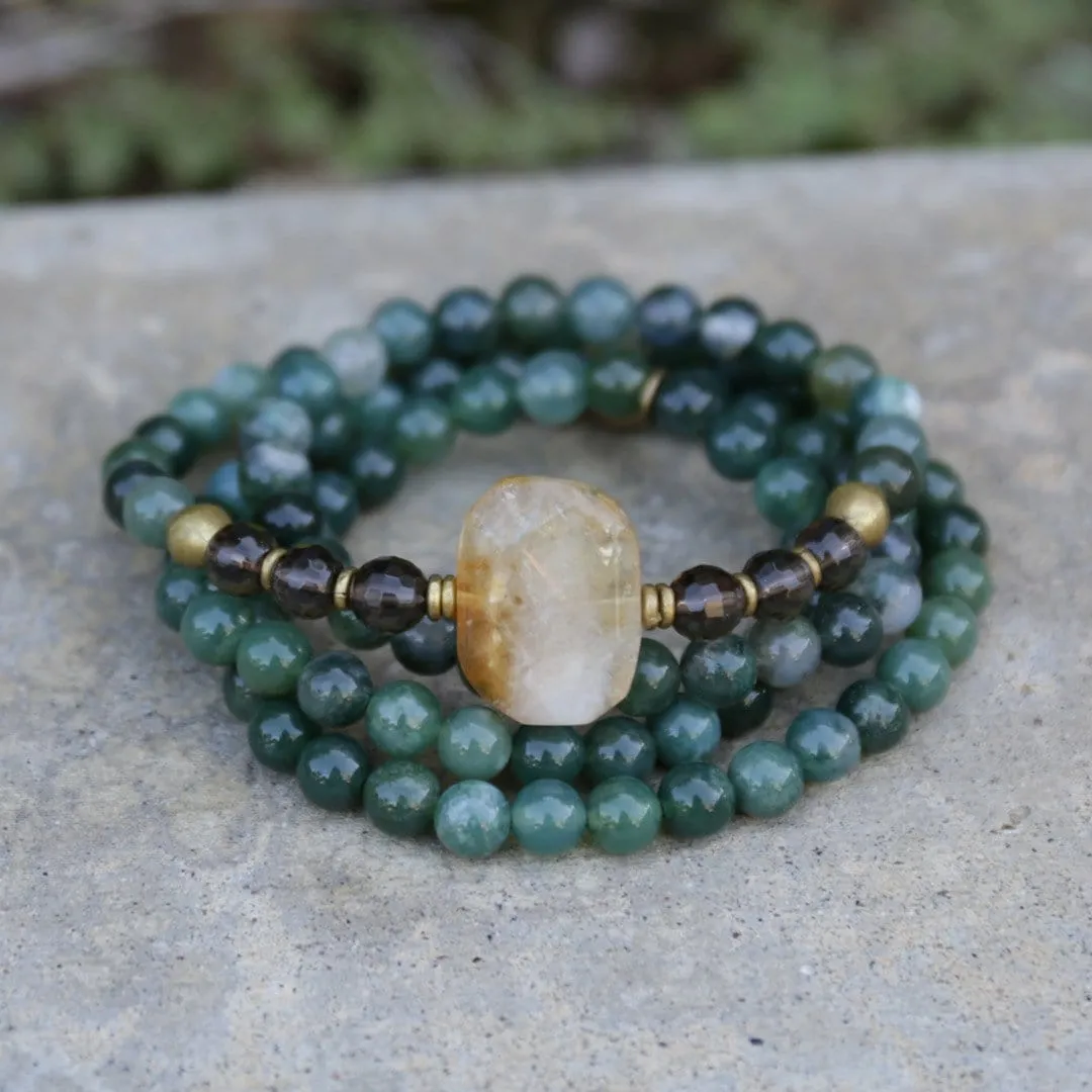 Moss Agate and Smoky Quartz Mala Bracelet