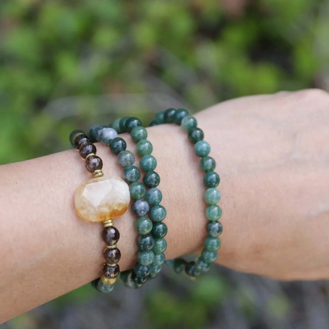 Moss Agate and Smoky Quartz Mala Bracelet