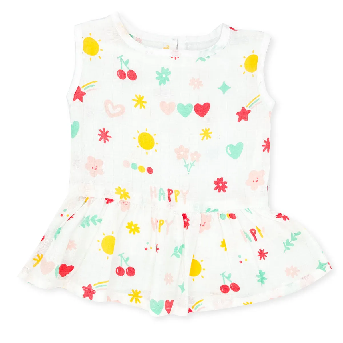 Muslin Frock for Baby Girl -  Sleeveless Organic Cotton -Happy