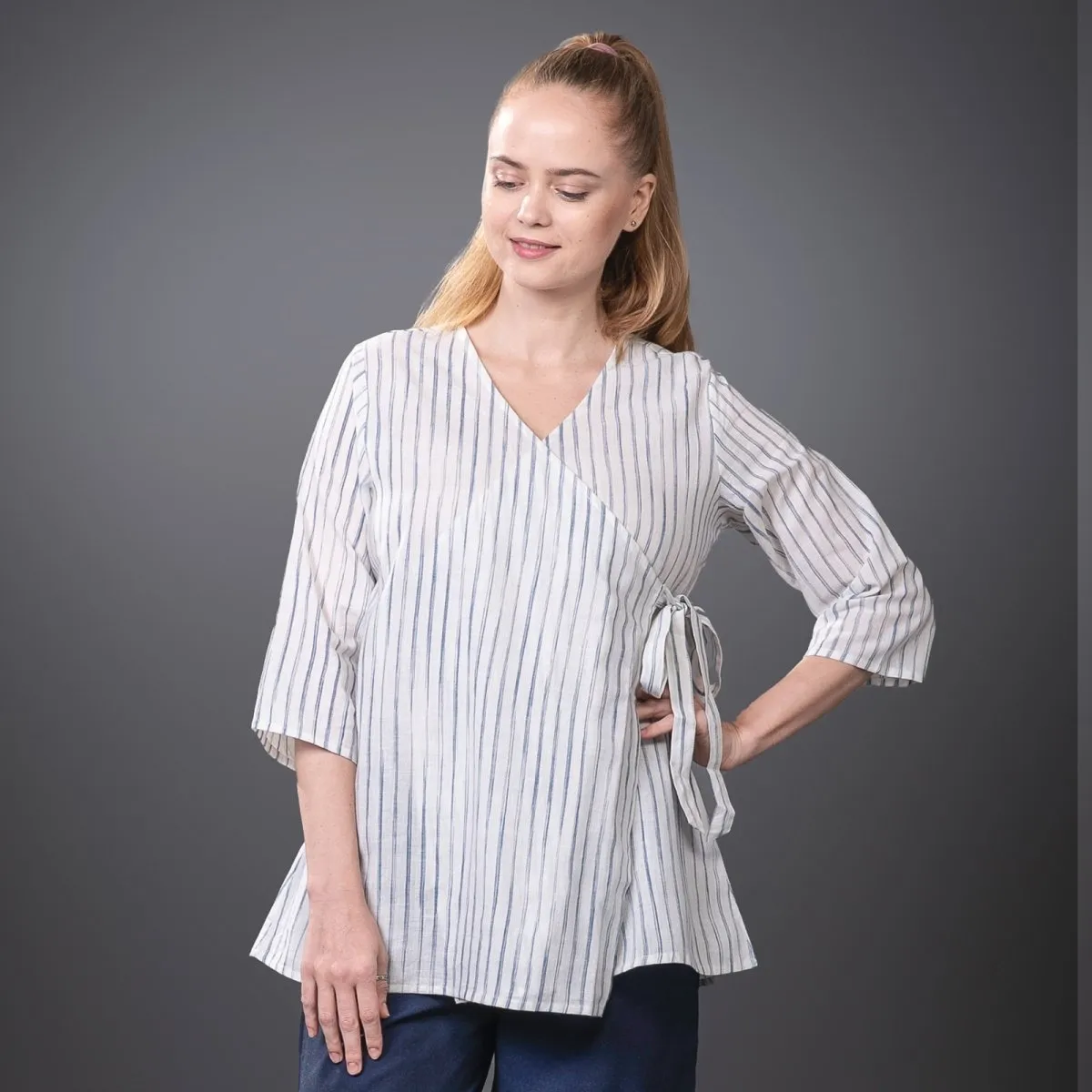 Navy-Stripe Handwoven Cotton Long Wrap Top | Cotton Wrap Top for Women