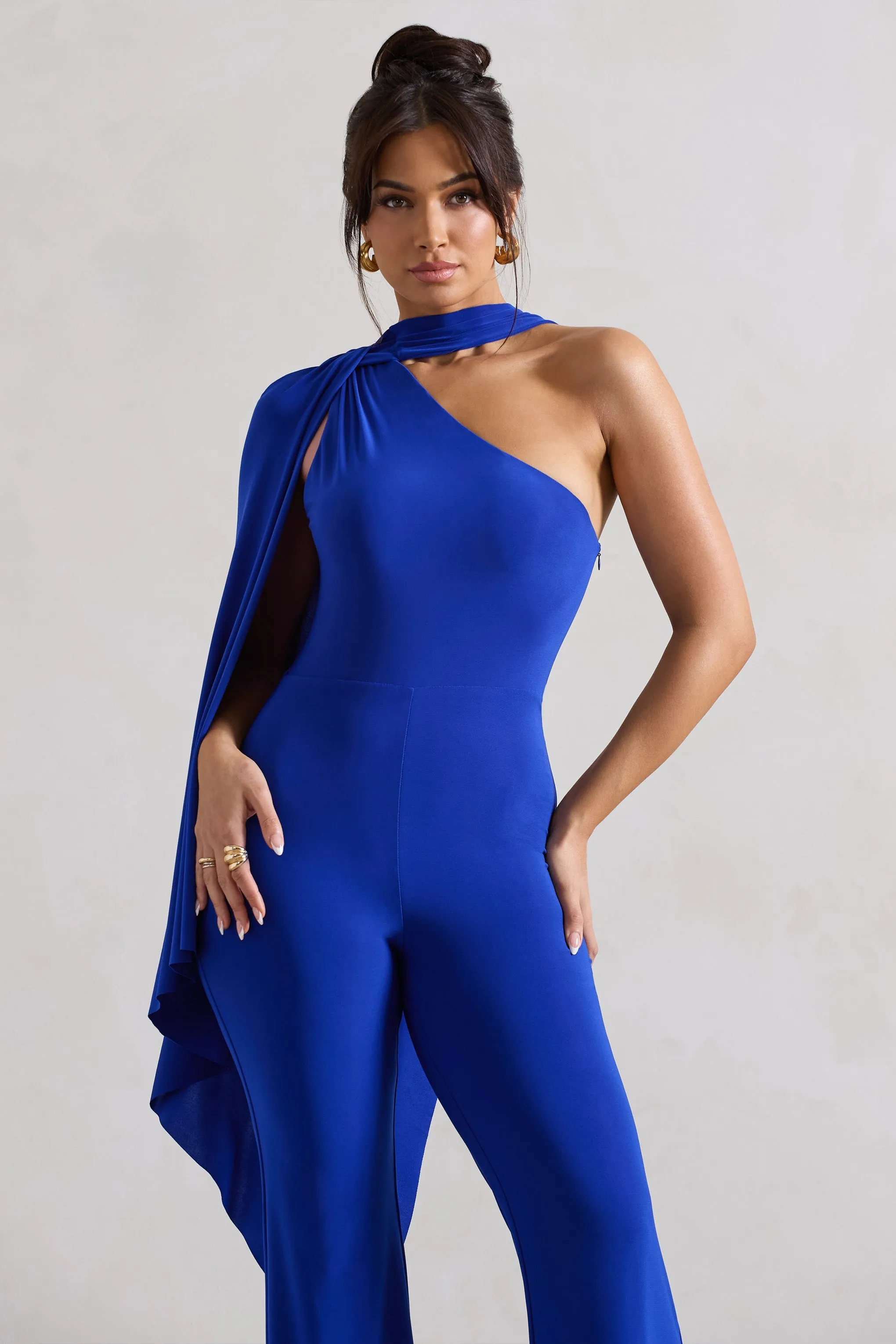 Offset | Royal Blue Asymmetric Flared-Leg Jumpsuit With Cape Sleeve