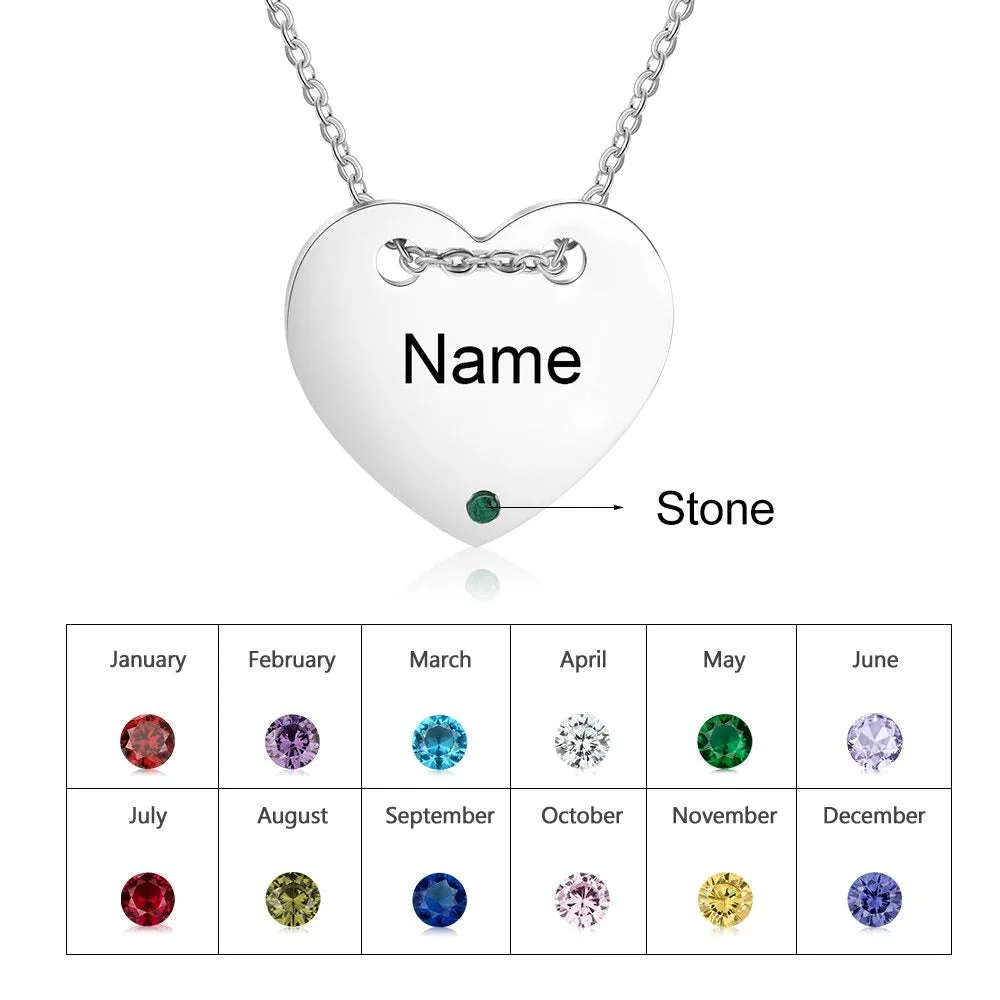 Personalized 1 Name 1 Stone  Engraved Heart Pendant