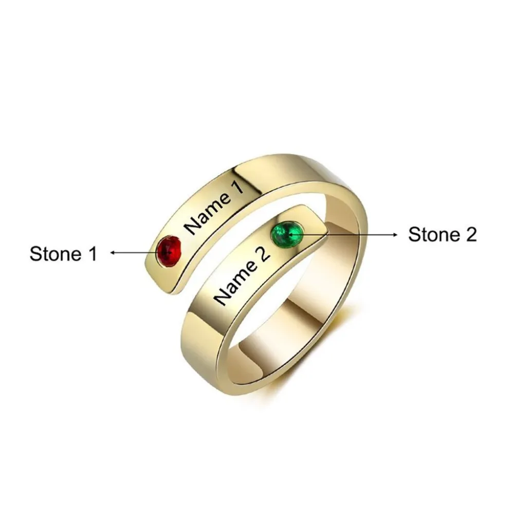 Personalized 2 Names And Birthstones Wrap Ring For Women