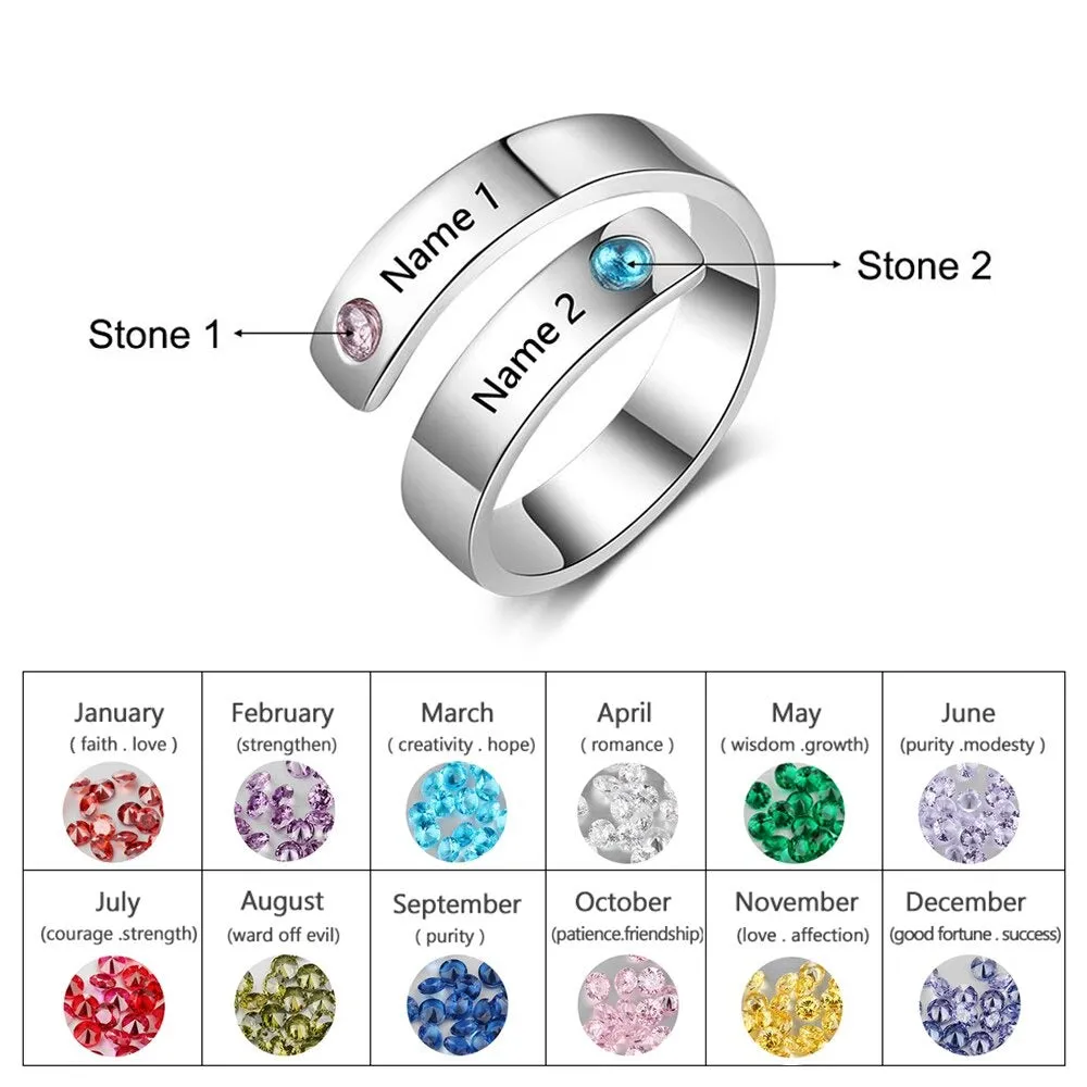 Personalized 2 Names And Birthstones Wrap Ring For Women