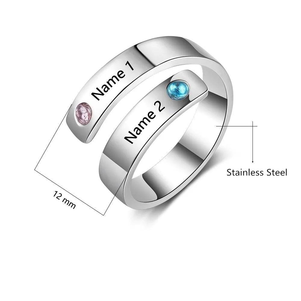 Personalized 2 Names And Birthstones Wrap Ring For Women