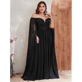 Plus Size Off Shoulder Cape Sleeve Sequin Evening Gown