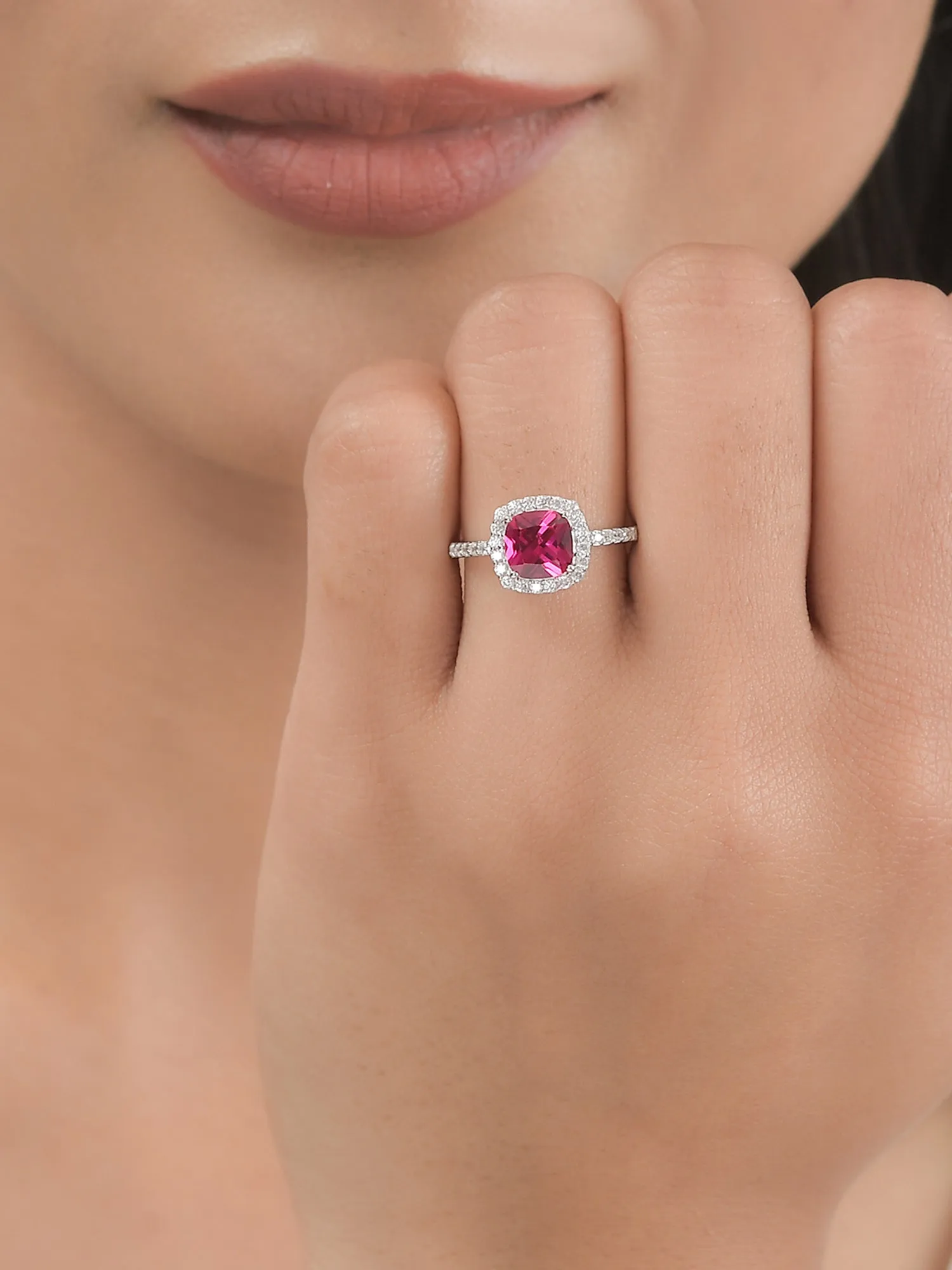 Princess Red Ruby Ring With American Diamond