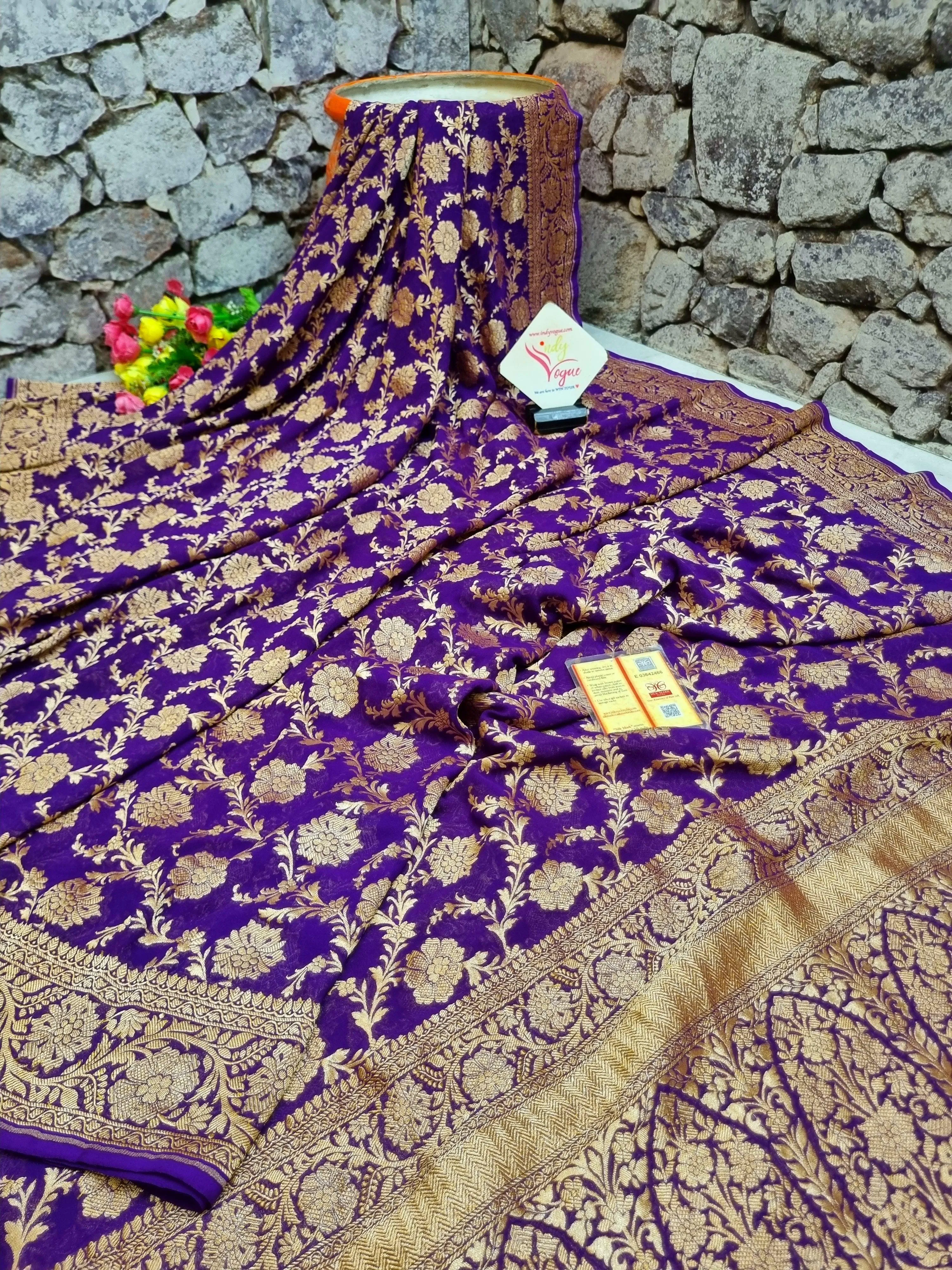 Purple Color Pure Georgette Khaddi Banarasi Saree Zari Work