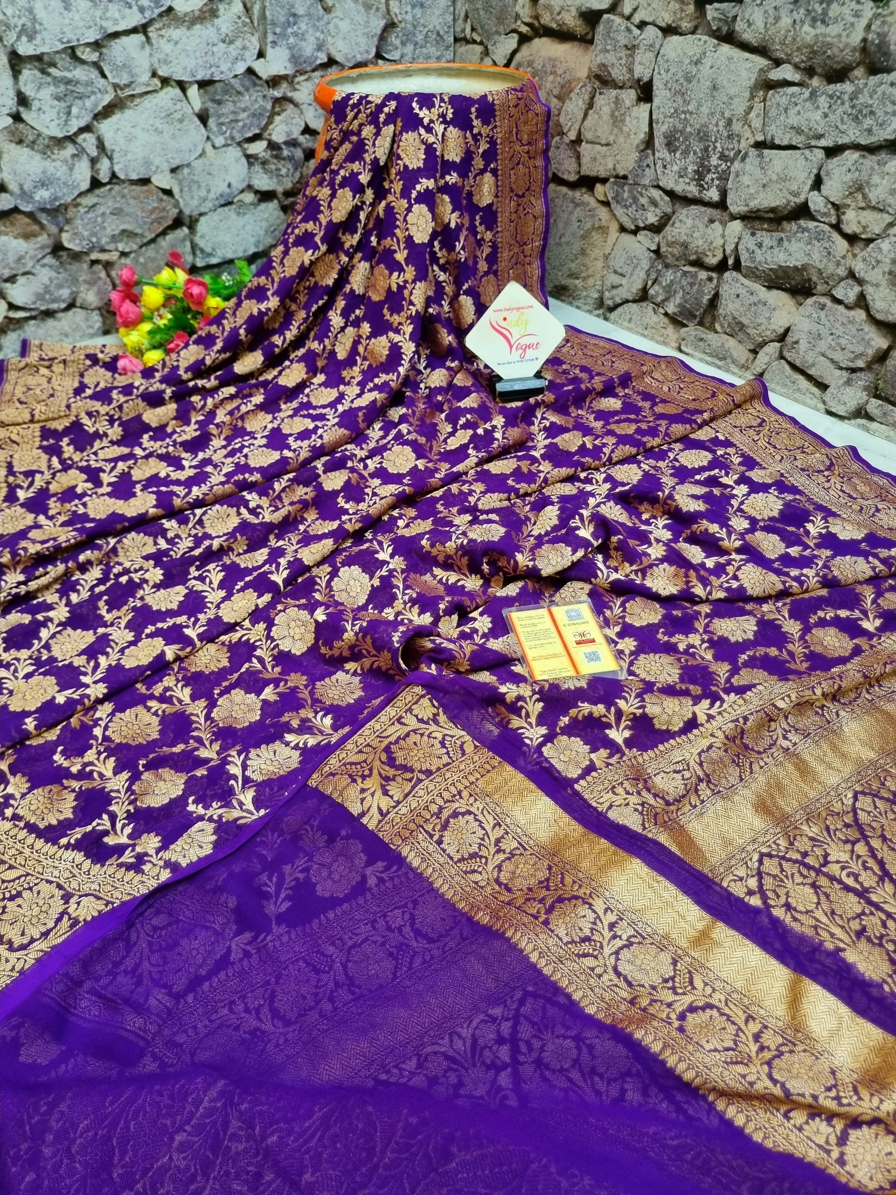 Purple Color Pure Georgette Khaddi Banarasi Saree Zari Work