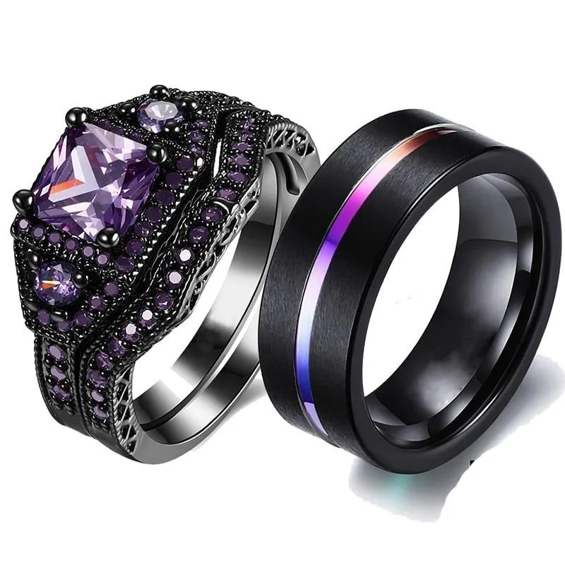 Rainbow and Purple Cubic Zirconia Stainless Steel Wedding Ring Set