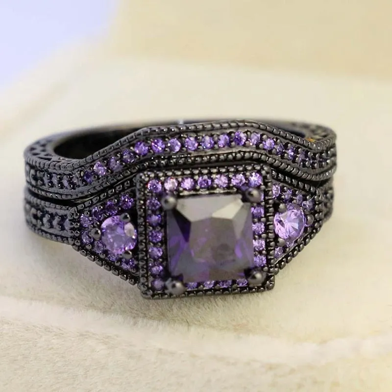 Rainbow and Purple Cubic Zirconia Stainless Steel Wedding Ring Set