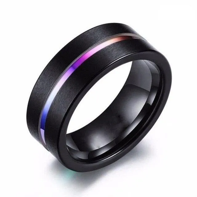 Rainbow and Purple Cubic Zirconia Stainless Steel Wedding Ring Set