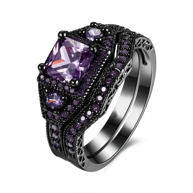 Rainbow and Purple Cubic Zirconia Stainless Steel Wedding Ring Set