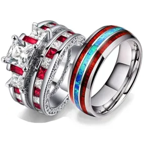 Red Koa Wood & Opal and White/Red Cubic Zirconia Stainless Steel Wedding Ring Set